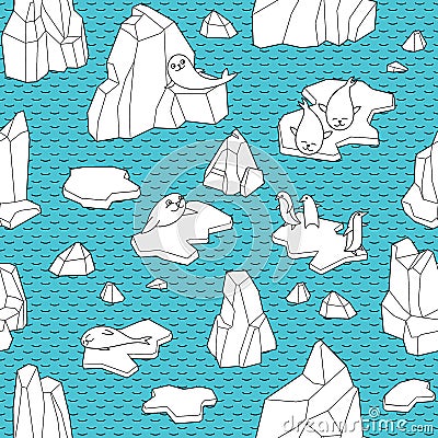 Ð”Ð»Ñ Ð˜Ð½Ñ‚ÐµÑ€Ð½ÐµÑ‚Ð° Vector Seamless pattern with iceberg, seals, penguins and ice floes. Cartoon Illustration